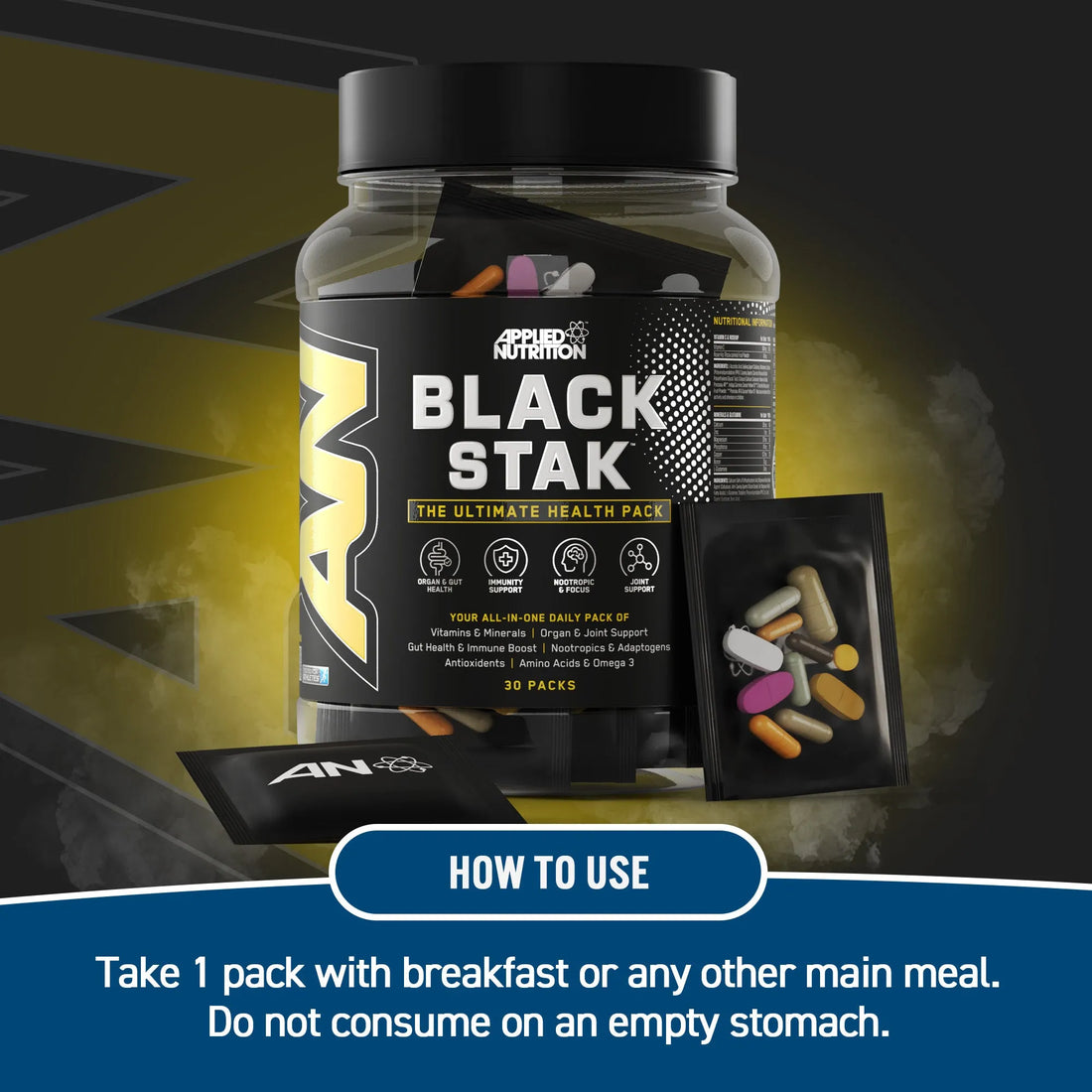 Applied Nutrition Black Stak daily multivitamin sachets side view with nutrient details