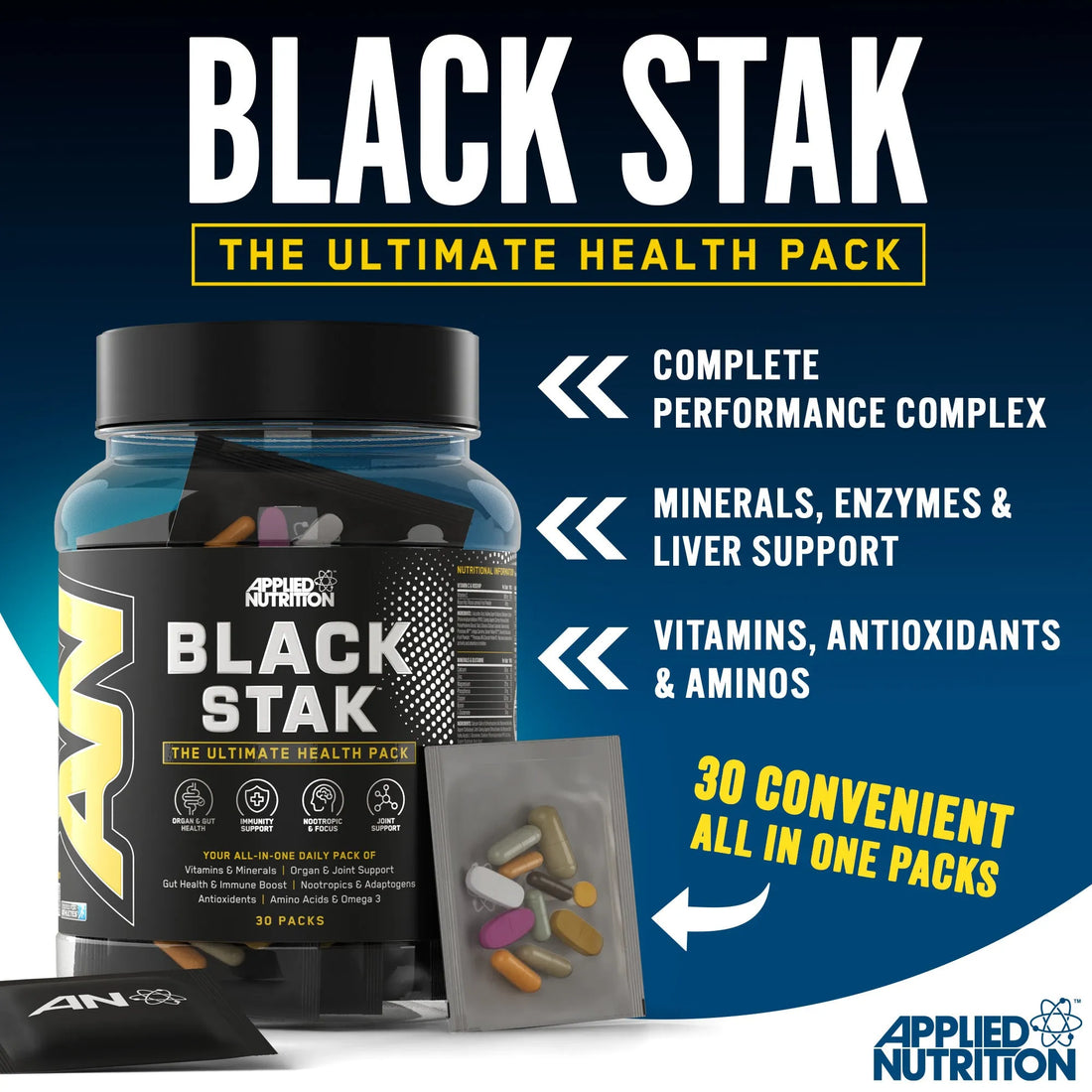 Black Stak Multivitamin sachet contents showing comprehensive vitamin and mineral blend
