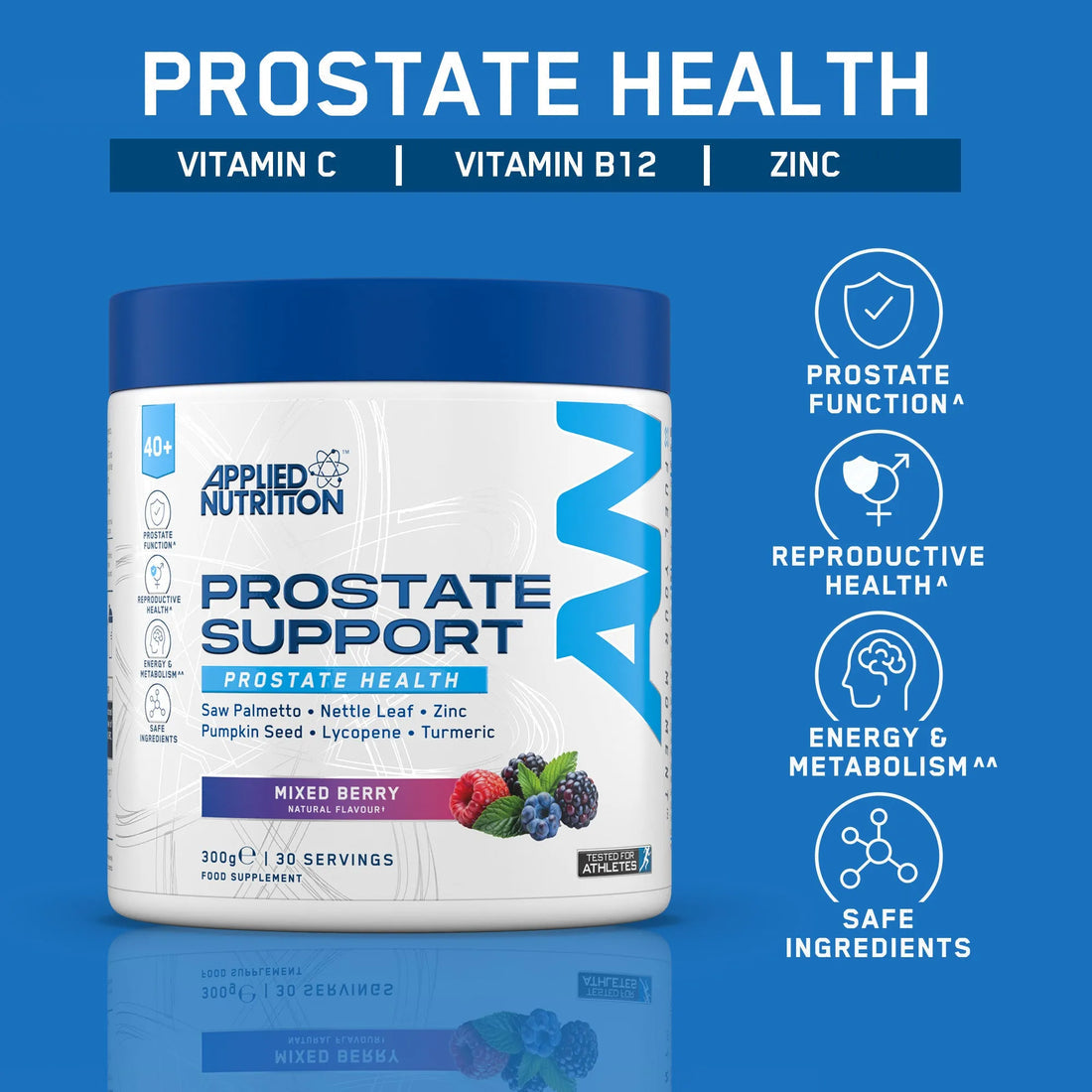Applied Nutrition Prostate Health 300g powder side panel showing directions for use
