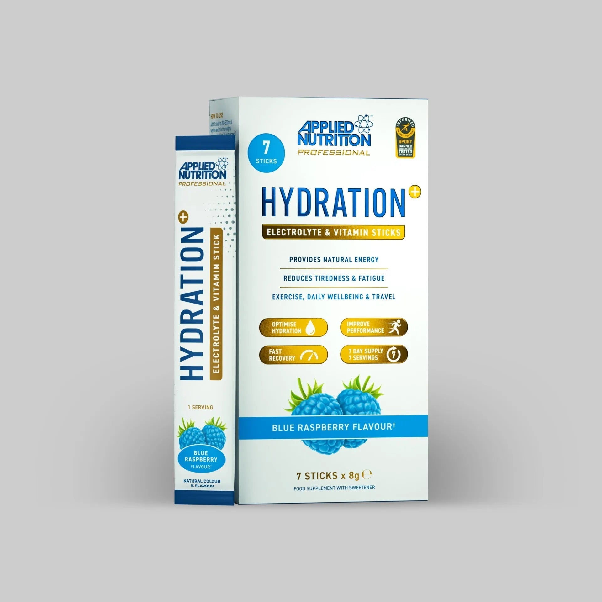 Applied Nutrition Hydration Plus stick pack box Blue Raspberry, 7 electrolyte and vitamin powder sachets