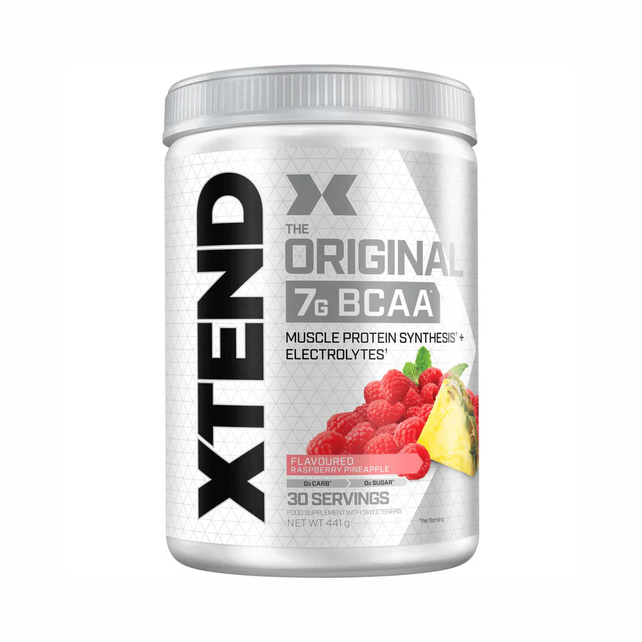Scivation Xtend BCAA supplement facts label showing 7g BCAAs and electrolyte blend details